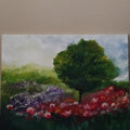 Oil painting of tree with flowers and a blue sky