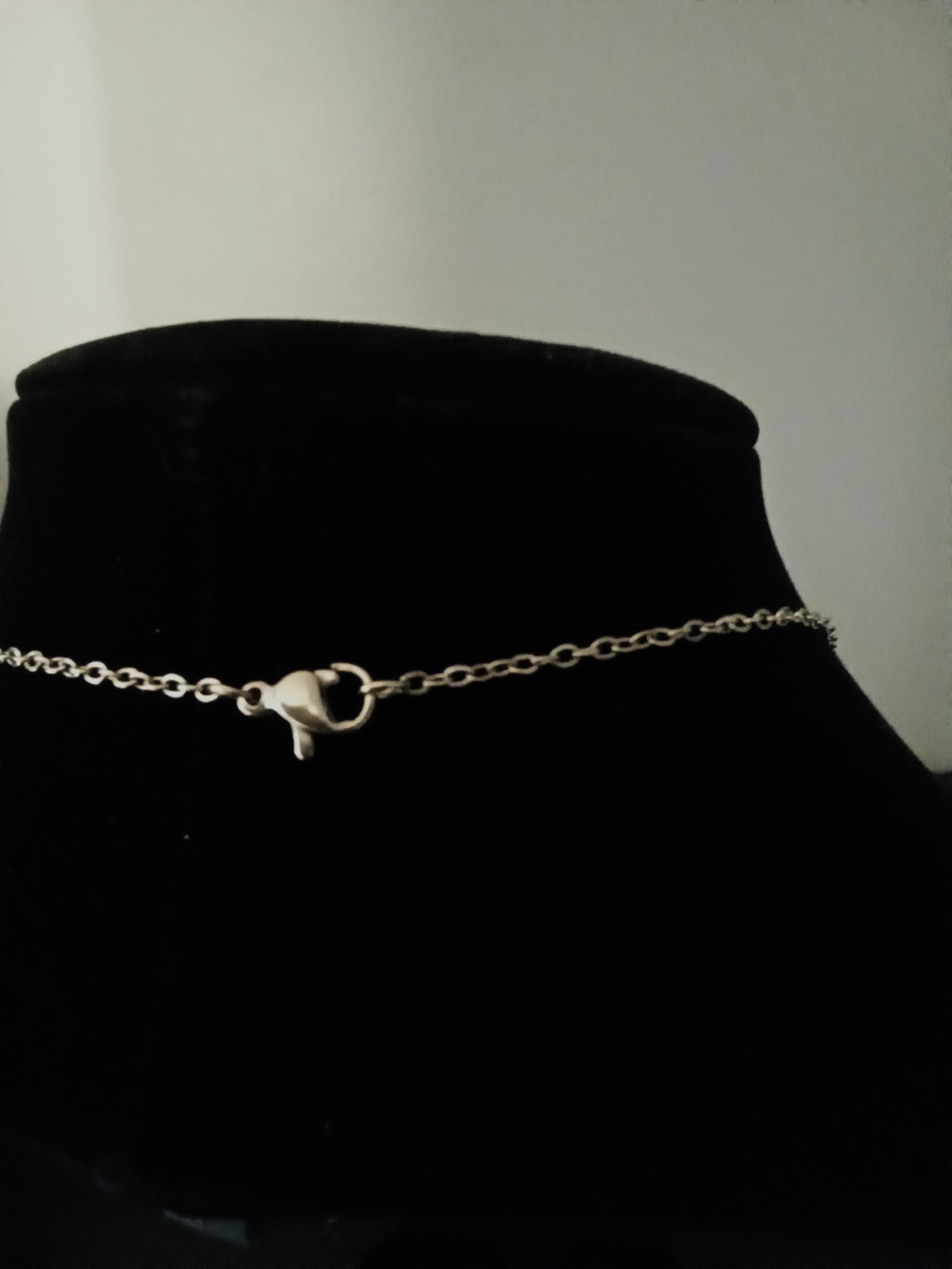 A delicate gold chain necklace with a claw clasp, displayed on a black velvet jewelry bust.